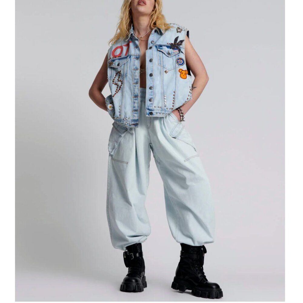 One Teaspoon Denim Light Blue Parachute Pants High Waist/Elastic 90's Inspired